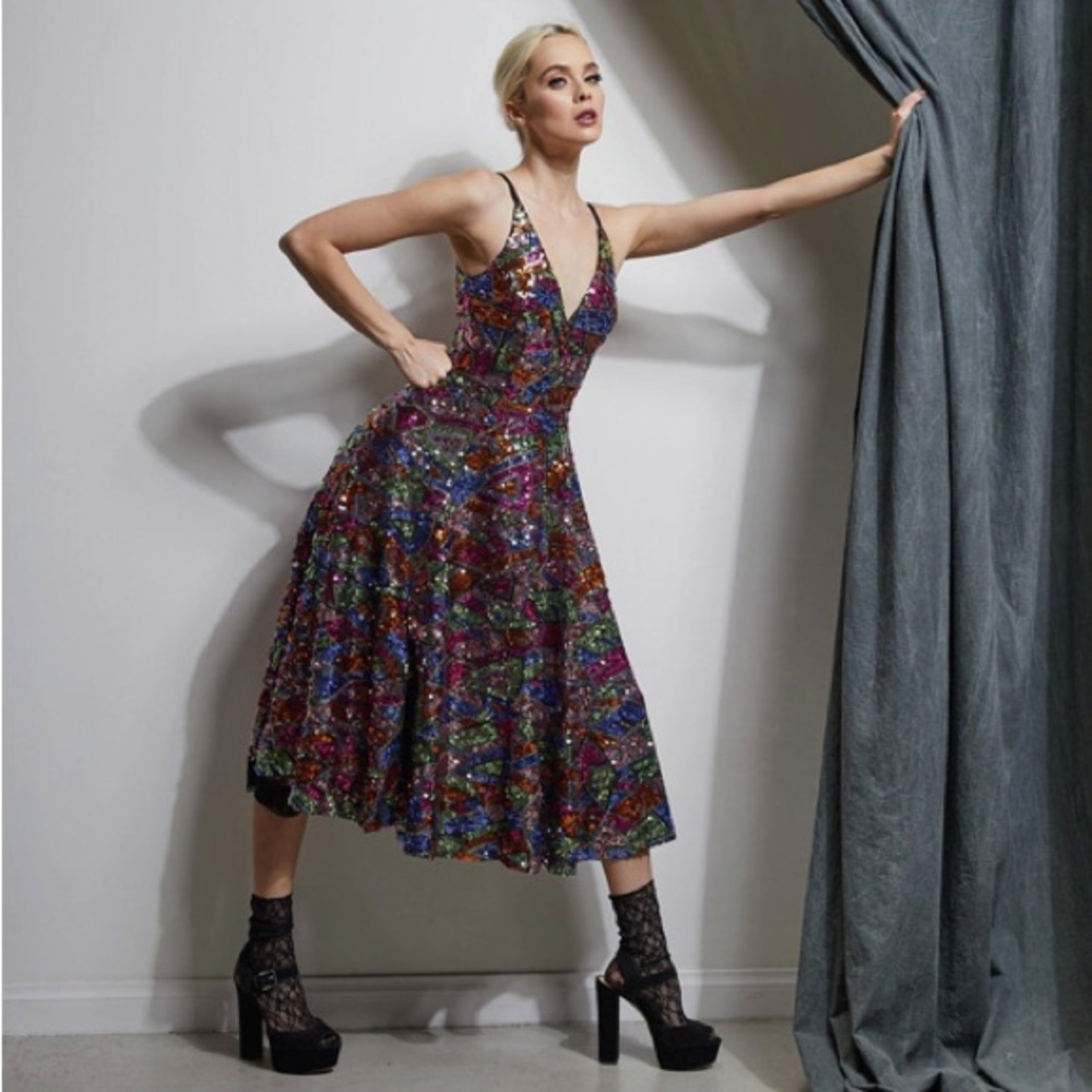 Bellamy Plunging Neckline Sequin Midi Dress in WISTERIA MULTI